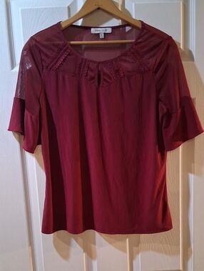 Emma & Olive. Burgundy Keyhole Lace Yoke Blouse
